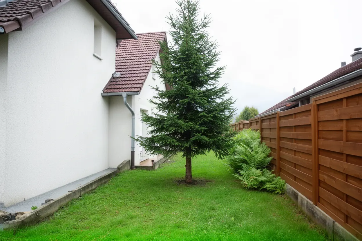 Conifère incliné près d'une maison avant abattage à Sevrier
