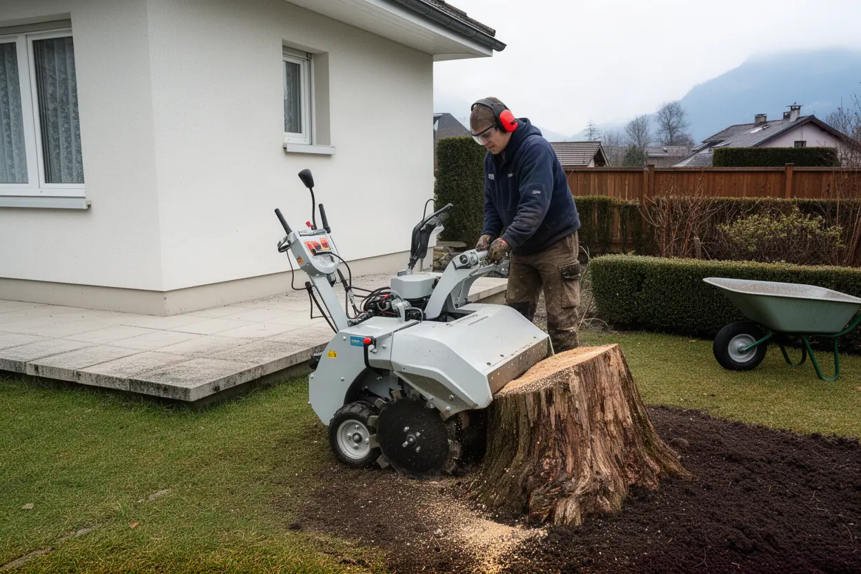 Rogneuse supprimant une souche dans un jardin à Annecy