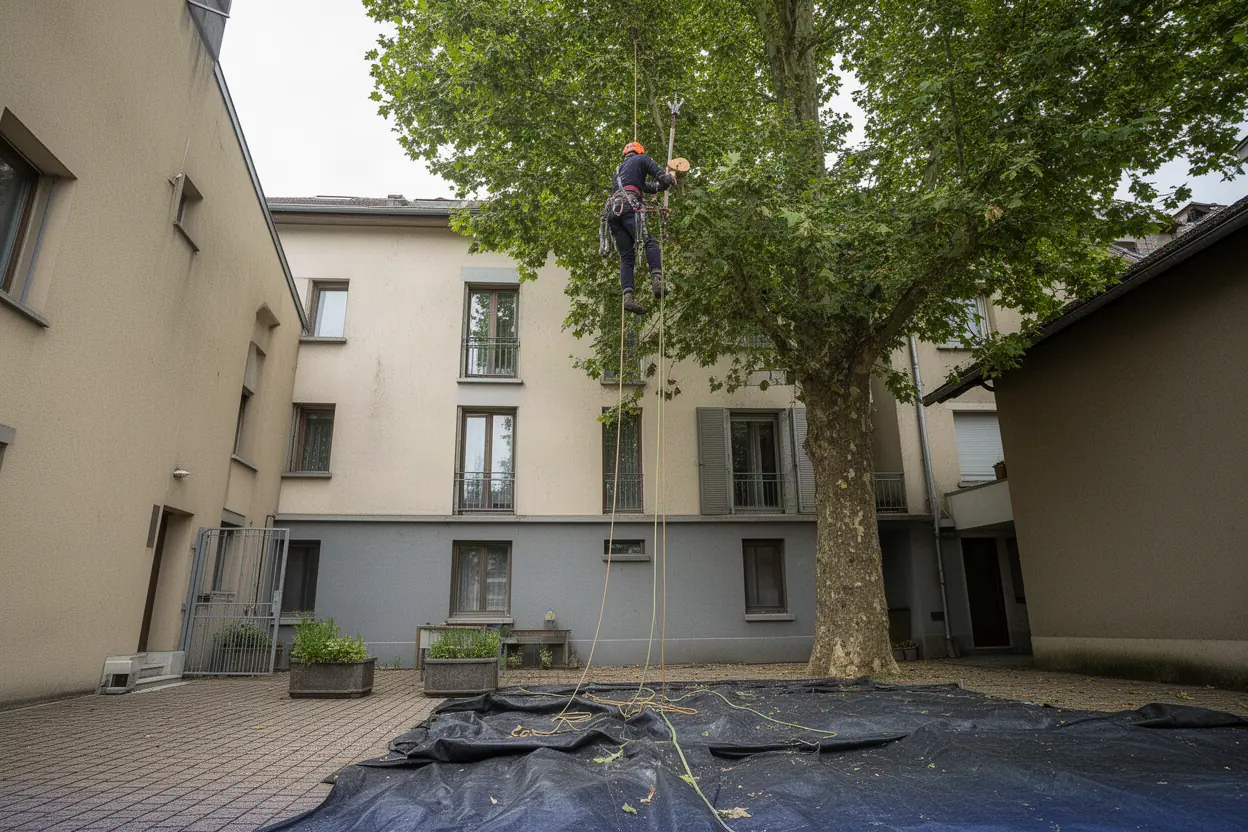 Arboriste grimpeur progressant dans un grand arbre à Argonay