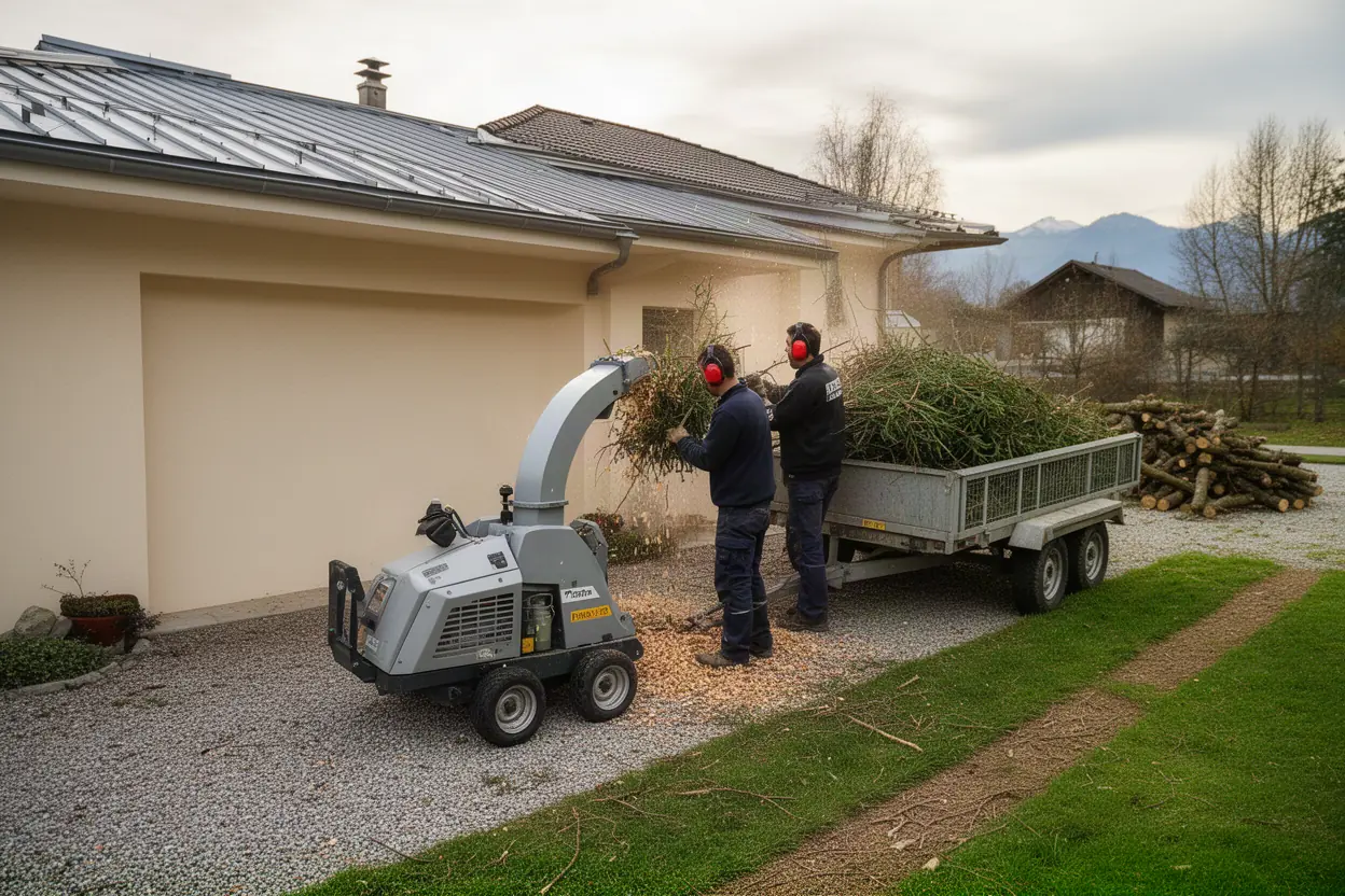 Broyage de branches après élagage dans un jardin à Argonay
